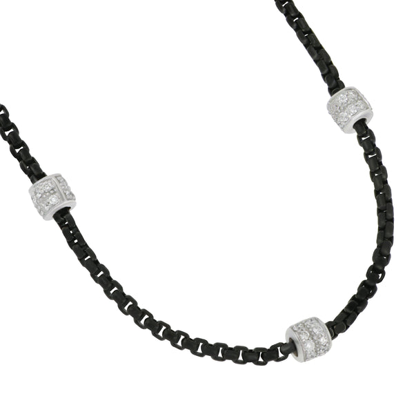 Alor Black Stainless Steel and 14 karat White Gold 3 Pave Diamond Barrel Station Necklace 16.5" adjustable, D=0.40tw GH/SI1