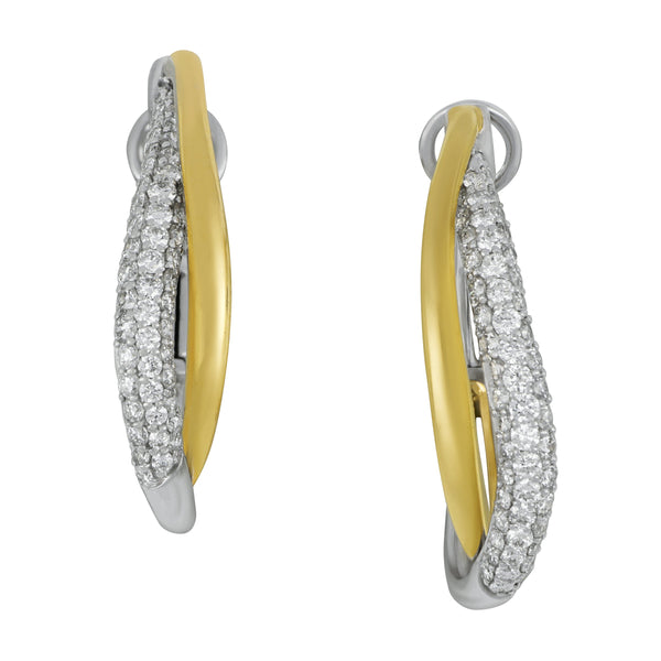 14k Yellow and White Gold Oval Crossover Pave Diamond Hoop Earrings, D=1.30tw