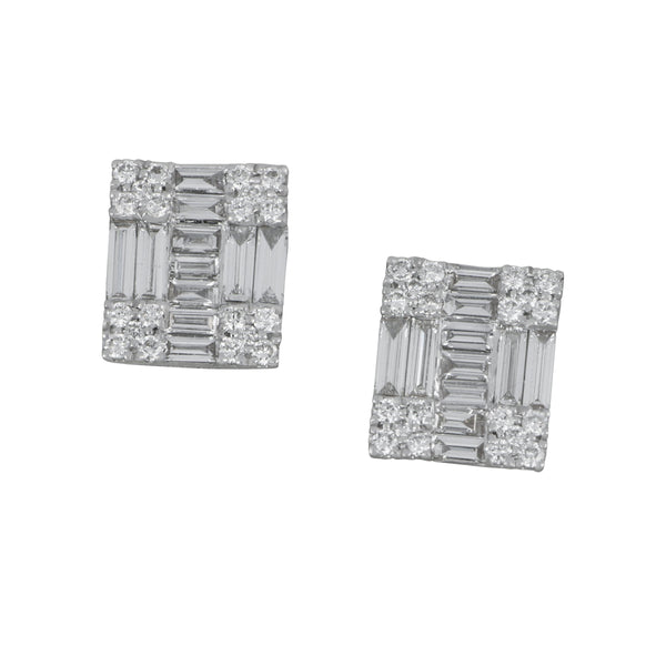 18k White Gold Mosaic Diamond Stud Earrings, D=.95tw