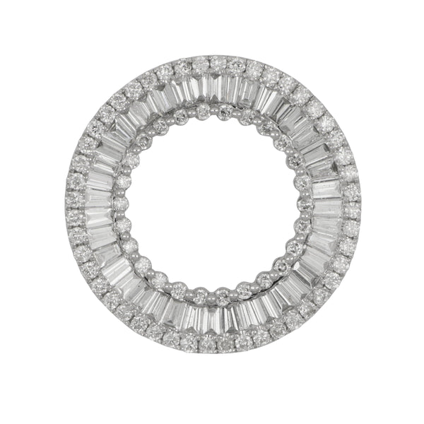 14k White Gold 3-Row Round and Baguette Diamond Circle Pendant, D=1.15tw