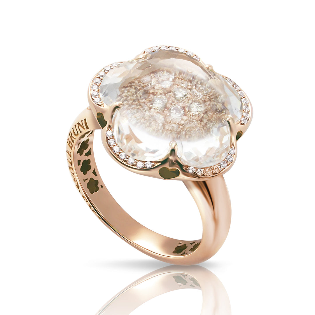 Pasquale Bruni 18 karat rose gold Bon Ton Rock Quartz White and Champaigne Diamonds 0.32ctw ring size 6