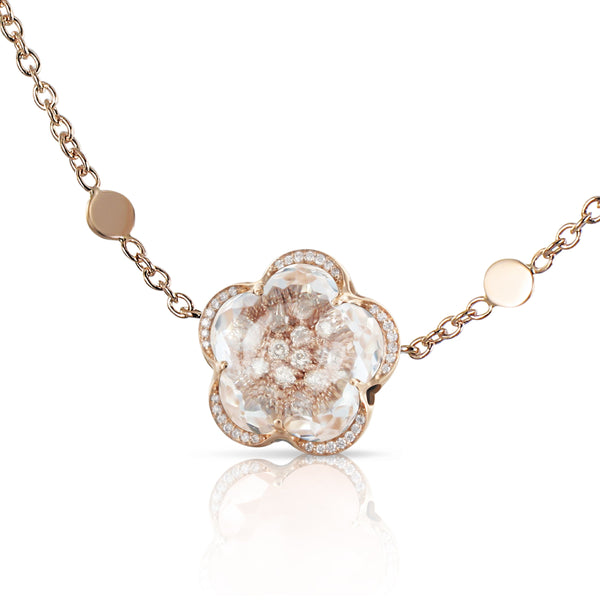 Pasquale Bruni 18 karat rose gold Bon Ton rock crystal quartz with white and champagne diamonds 0.32ctw neckalce 17"