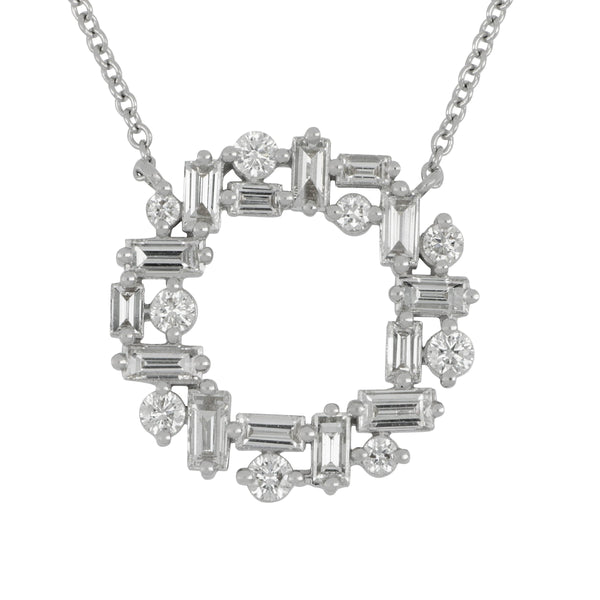 18k White Gold Baguette and Round Diamond Circle Necklace 16-18", D=1.36tw