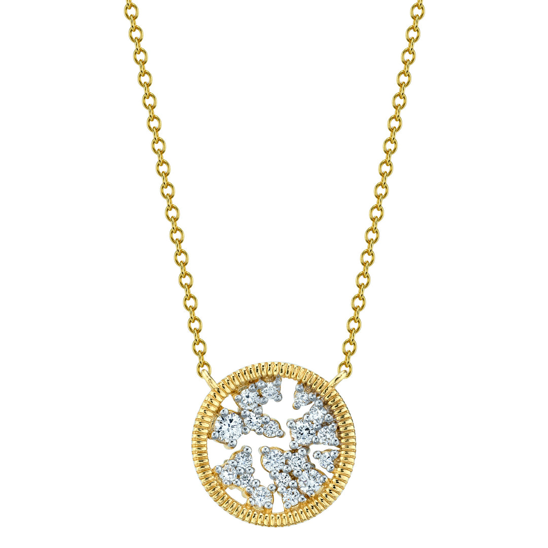 Sloan Street 18 Karat Yellow Gold Circle and Diamond Necklace with Strie Details, 19Dias=.35tw G/SI