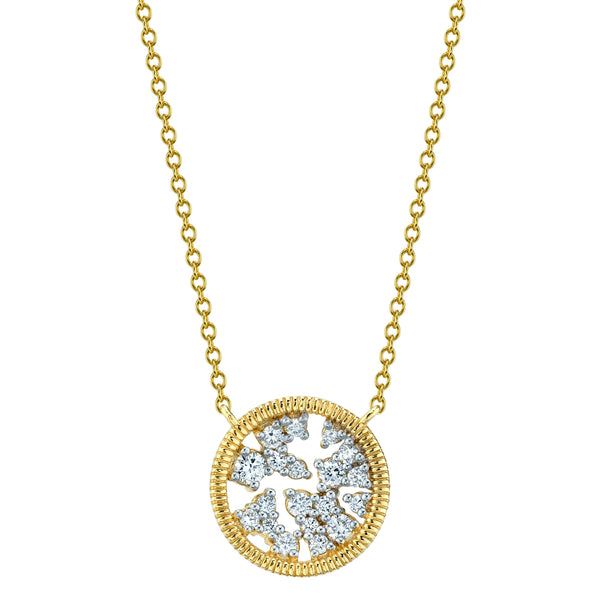 Sloan Street 18 Karat Yellow Gold Circle and Diamond Necklace with Strie Details, 19Dias=.35tw G/SI