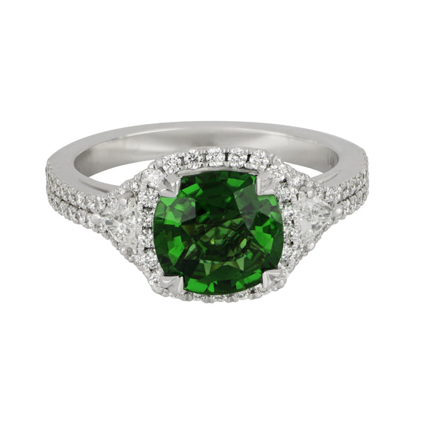 14 karat white gold cushion Halo Green Tourmaline and Diamond Ring size 6.5, GTRM=1.91ct D=0.66tw
