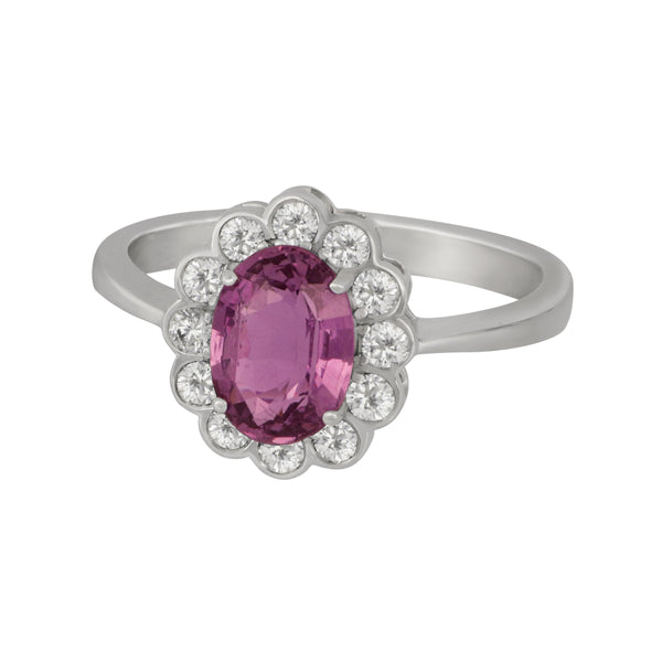 14K White Gold Oval Halo Pink Sapphire and Diamond Ring size 7, PkSA=1.64ct D=0.35tw