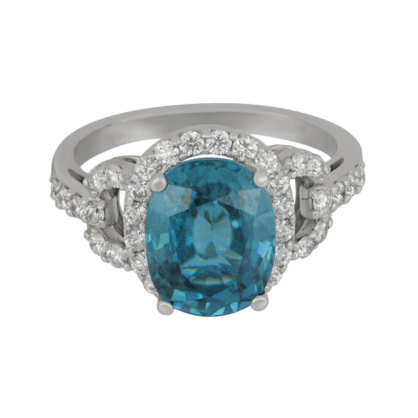 18k White Gold Halo Blue Zircon and Diamond Ring Size 7, BZIR=6.70ct D=0.62tw