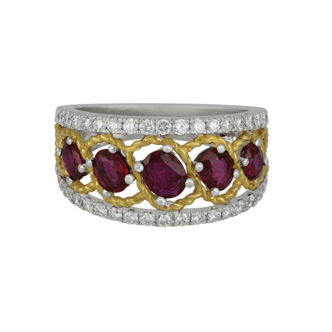 18k White and Yellow Gold 3-Row Ruby and Diamond Ring Size 6.5, RU=1.06tw D=0.52tw