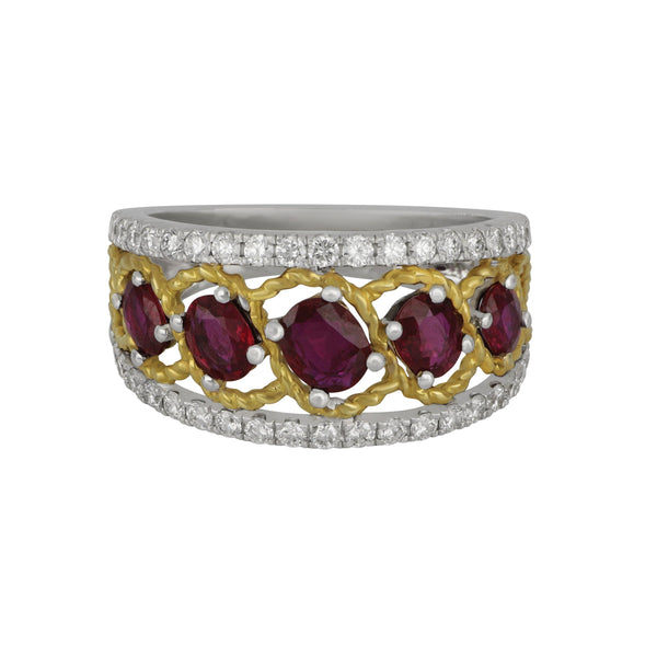 18k White and Yellow Gold 3-Row Ruby and Diamond Ring Size 6.5, RU=1.06tw D=0.52tw