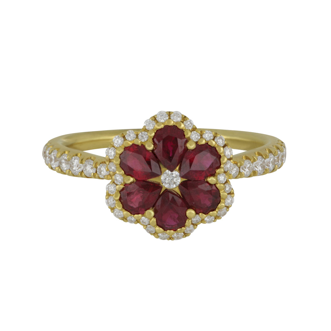 14 Karat Yellow Gold Ruby and Diamond Flower Ring Size 6.5, Ru=.95tw, 47Dias=.35twGH/SI
