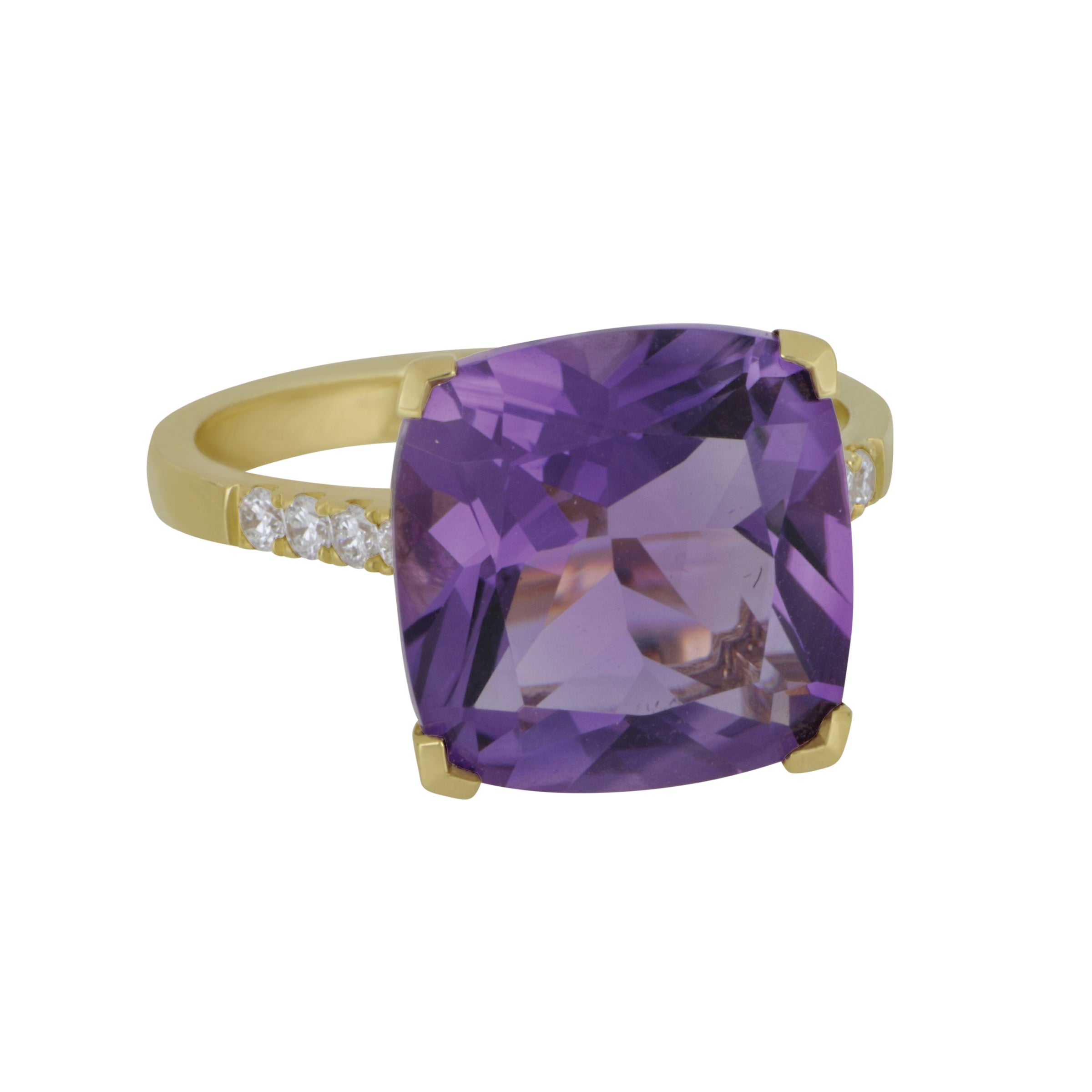 14 karat Yellow Gold Cushion Amethyst and Diamond Ring size