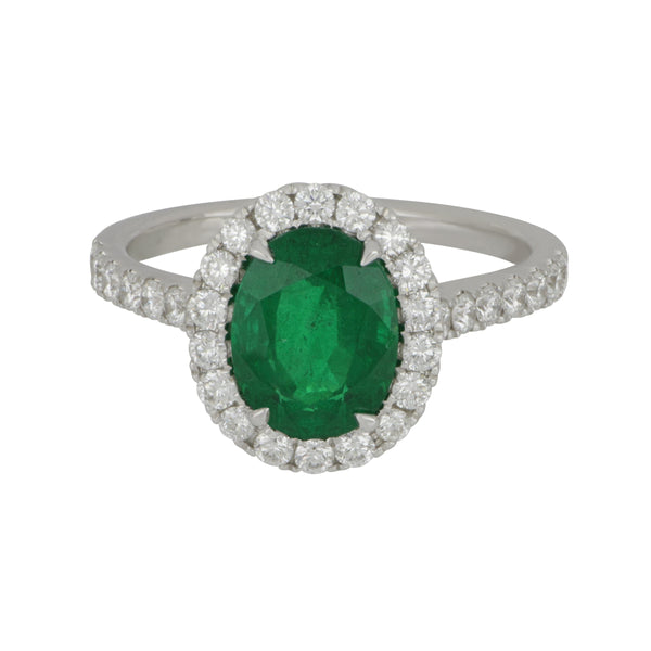 18 Karat White Gold Oval Emerald with Diamond Halo/Shank Ring Size 6.5, Em=1.96ct, Dias=.72tw GH/SI