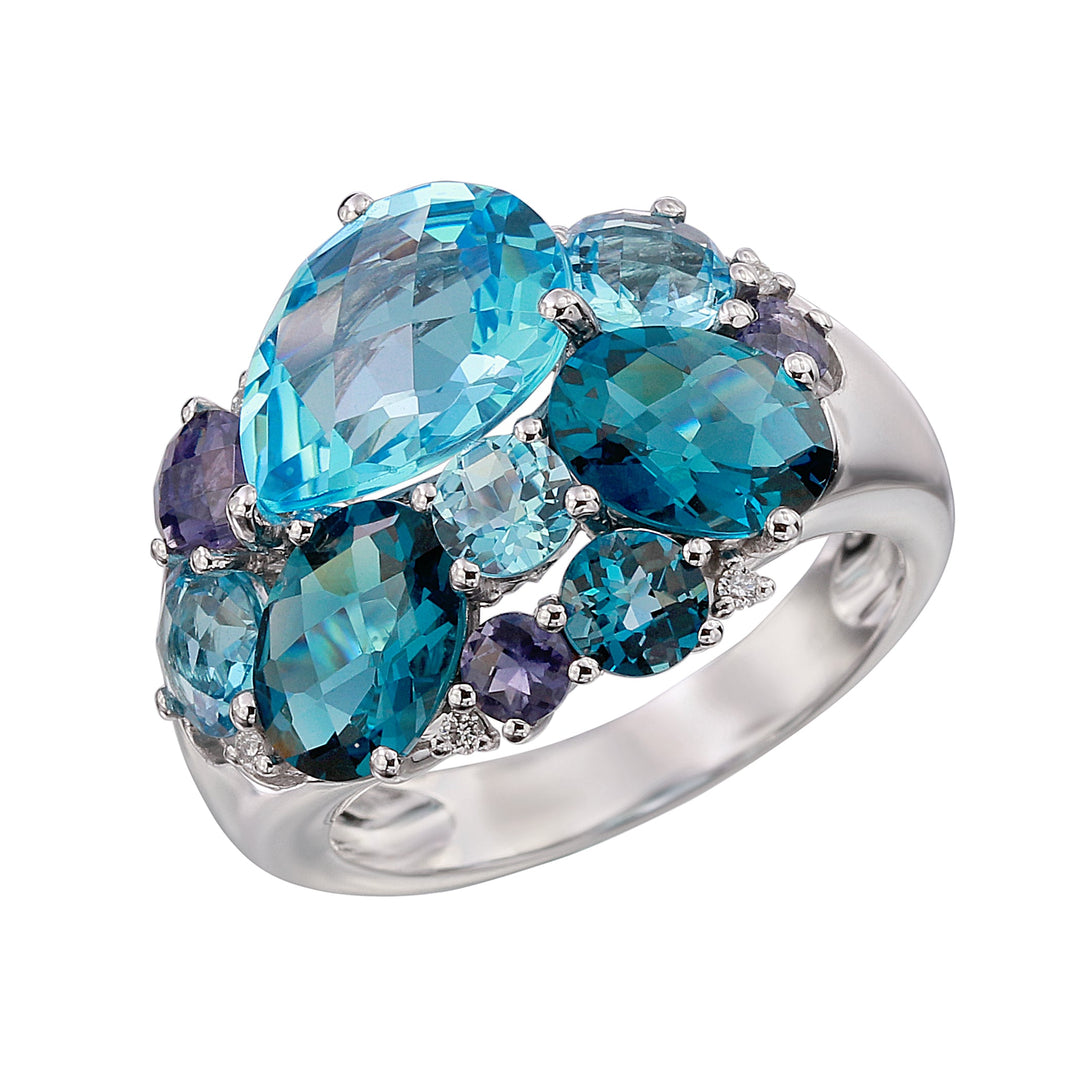 14 Karat White Gold Blue Topaz, London Blue Topaz, Iolite and Diamond Ring Size 6.5, Gems=9.48tw, Dias=.08tw GH/ SI
