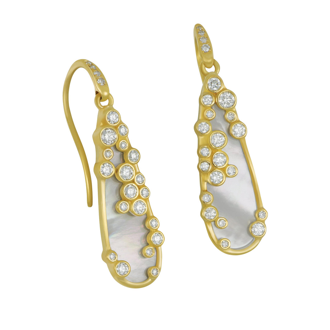 SYNA 18 karat yellow gold Cosmic teardrop MOP and Champagne Diamond Drop Earrings, mop=4.50cts D=0.65tw