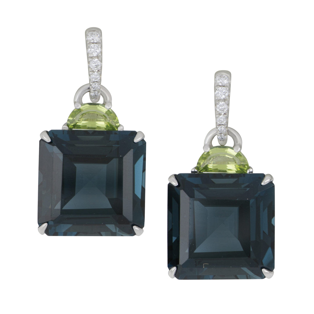 14k White Gold London Blue Topaz, Peridot and Diamond drop earrings, LBT= 23.20tw PER=0.60tw D=0.12tw GH/ SI supports Captain's for Clean Water