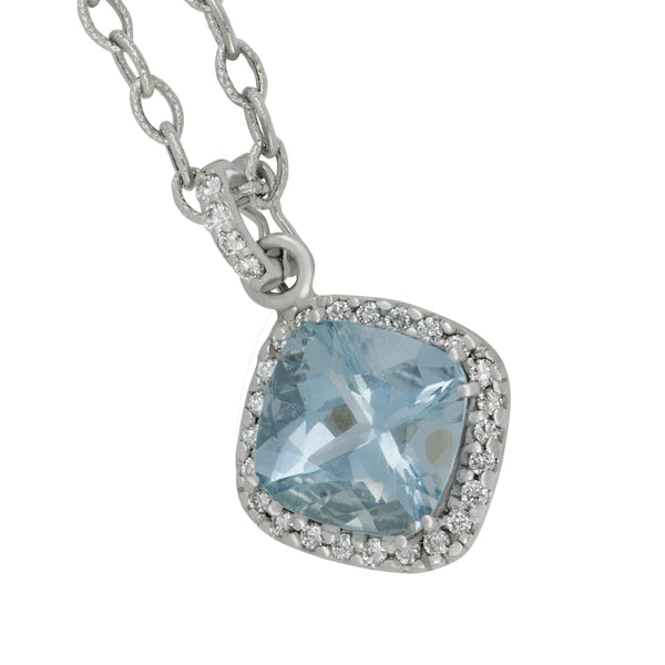 14k White Gold Cushion Aquamarine and Diamond Pendant 18" Chain, D=0.30tw