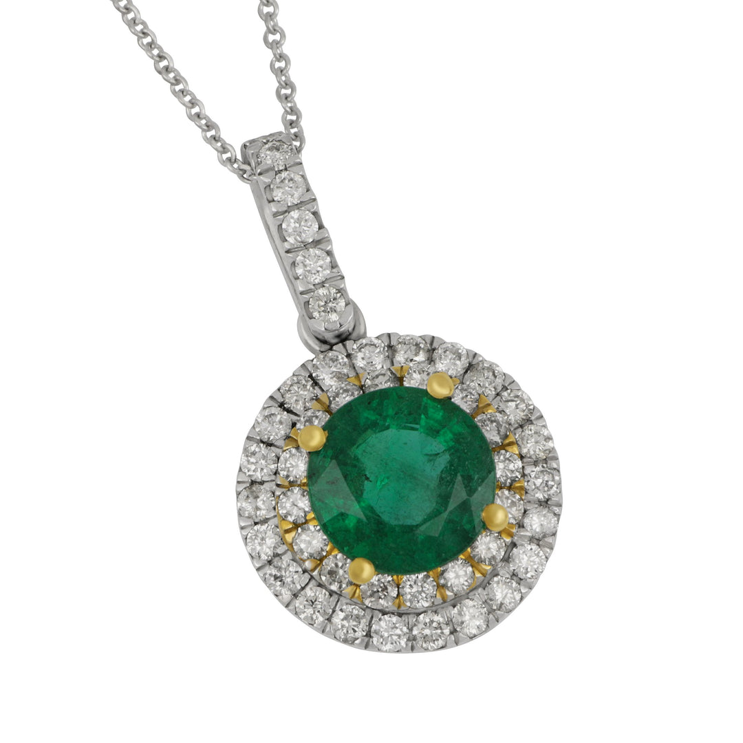 14k White and Yellow Gold Round Double Halo Emerald and Diamond Pendant 18" Chain, EM=1.75ct D=0.59tw