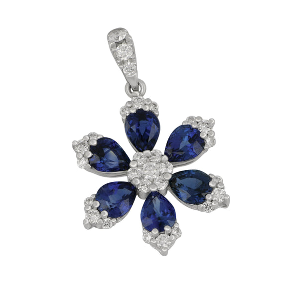 14k White Gold Sapphire and Diamond Flower Pendant, SA=1.71tw D=0.29tw