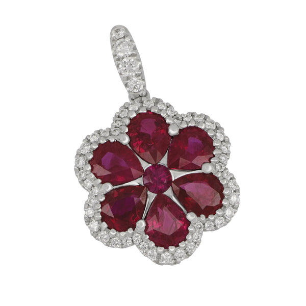 18 karat white gold Flower Ruby and Diamond Pendant, RU=2.18tw D=0.23tw
