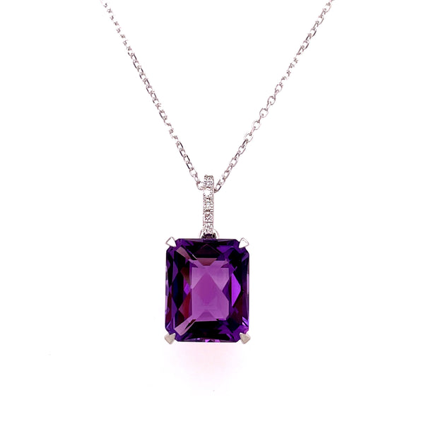 14 Karat White Gold 16" Amythest with Diamond Bail Necklace, Am=4.70ct, 5Dias=.03tw GH/SI