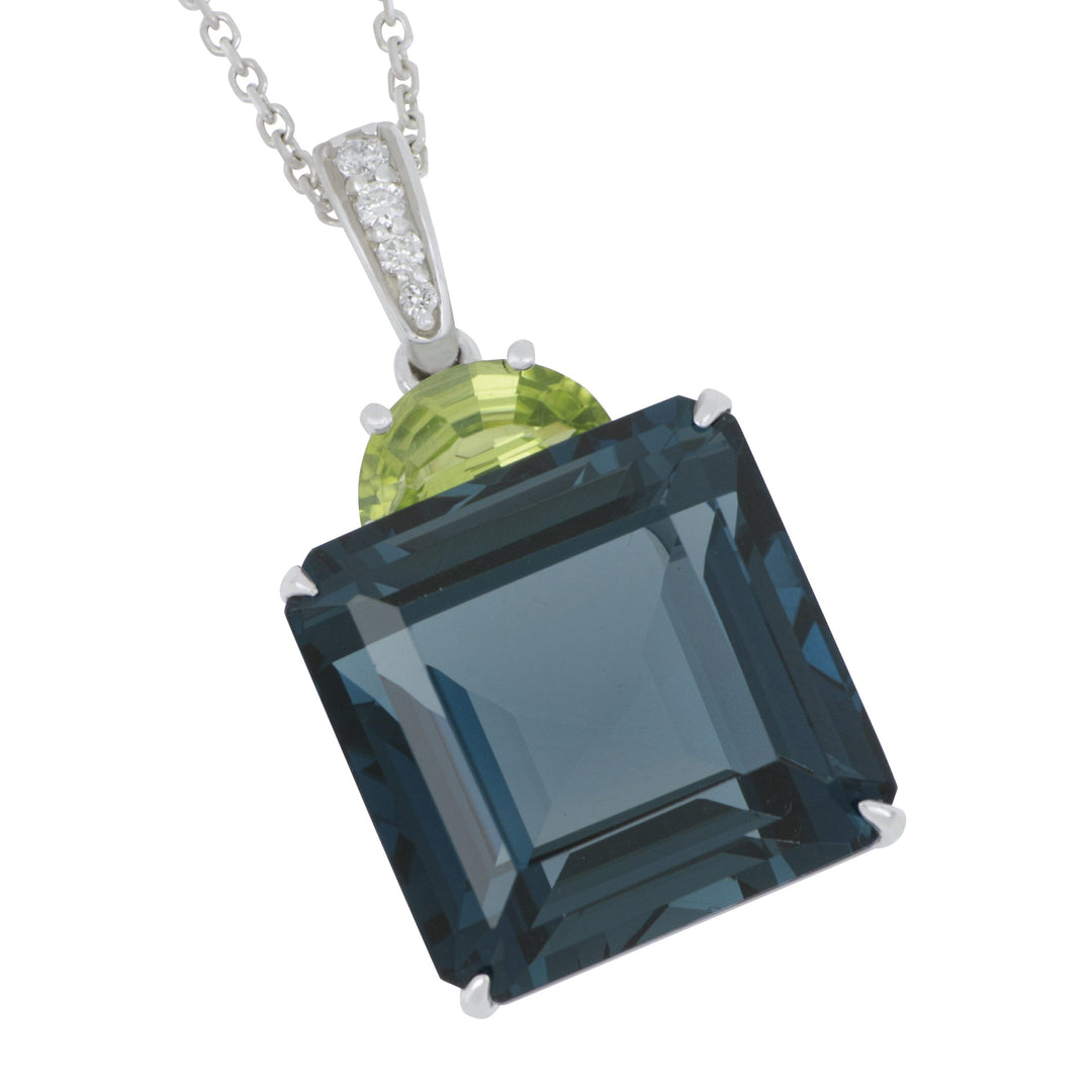 14 Karat White Gold 18" London Blue Topaz and Peridot with Diamond Bail Necklace, LBT=17.50ct, Per=.70ct, Dias=.06tw GH/SI