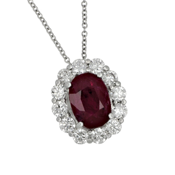 18 Karat White Gold 18" Oval Ruby with Diamond Halo Necklace, Ru=2.30ct, 12Dias=1.09tw GH/SI