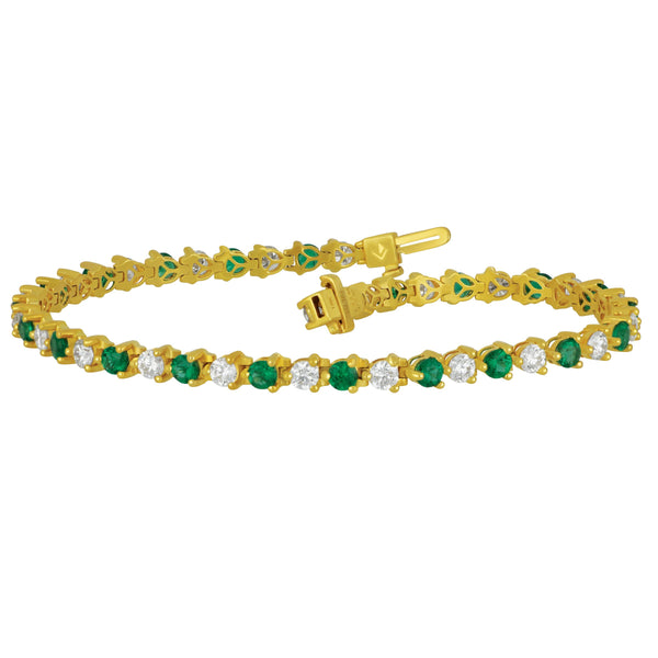 18k Yellow Gold Three-Prong Alternating Emerald and Diamond Signature Bracelet 7", EM=2.34tw D=2.50tw