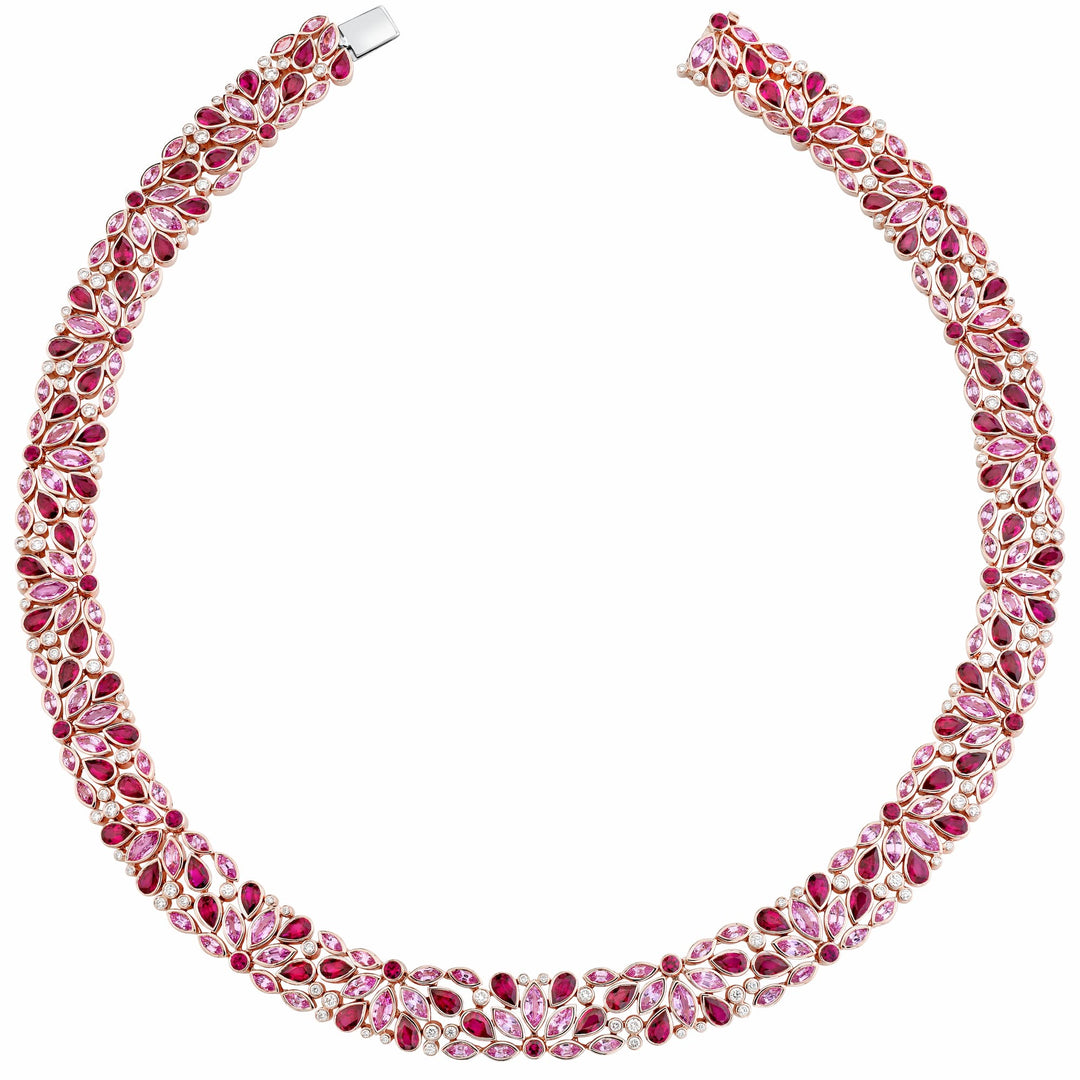 Robert Procop 18 Karat Rose Gold Ruby (16.34tw), Pink Sapphire (16.75tw) and Diamond (1.87tw) De La Vie Necklace