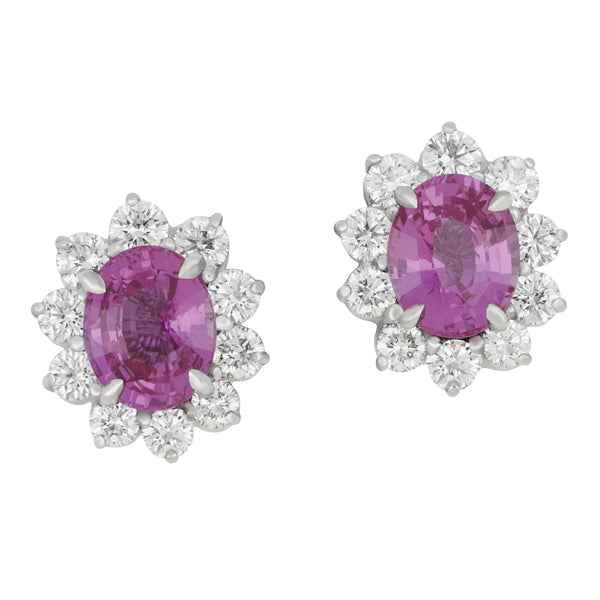 Oscar Heyman Platinum Oval Pink Sapphire 7.64ctw and Diamond 2.71ctw FG/VS-VVS Halo Earrings