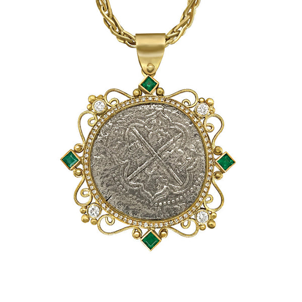 18 karat Yellow Gold Diamond and Emeralds Hand Bezeled Rare "Atocha Research Collection" Spanish 1 RL Grade 1 Reversable Pendant