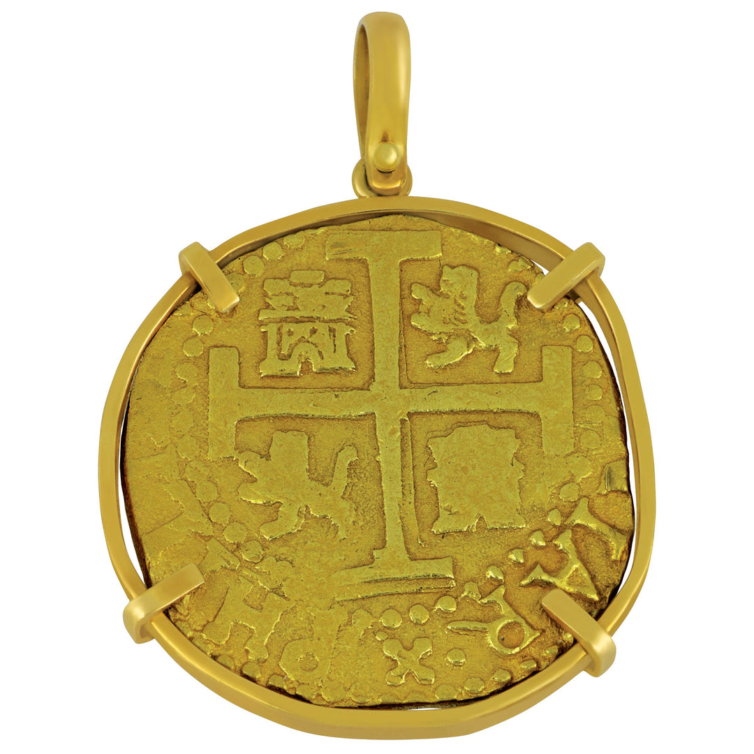 Spanish 8 Escudo Philiip V Lima 1715 Fleet Hodges Cert 18 karat yellow gold frame Pendant