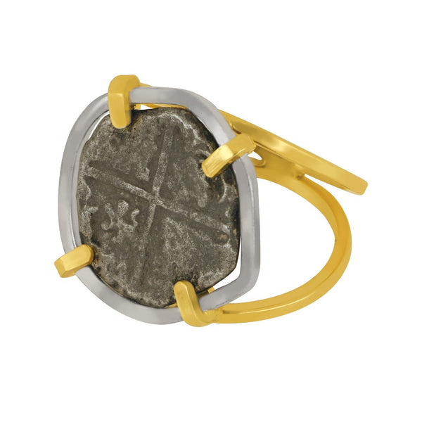 Spanish 1 RealeCoin Sterling Silver and 14 karat yellow gold custom Ring, Size 7