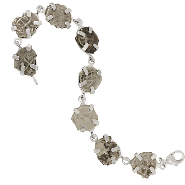 Reale 1700's Fleet Coins set in Custom Sterling Silver Bezel 7" Bracelet