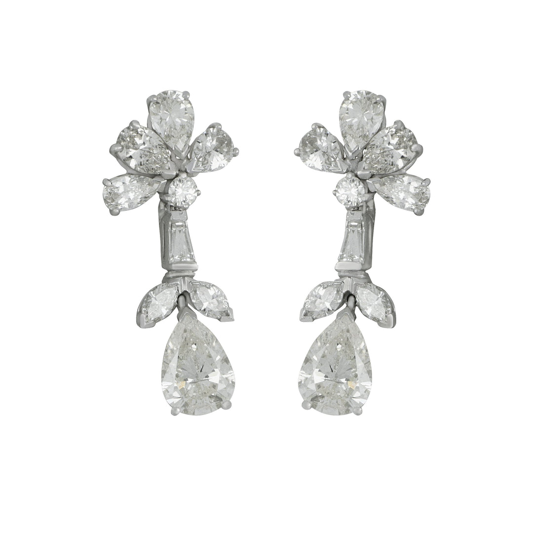 Estate 14 karat white gold Floral top Pear Shape Diamond Drop Earrings, D=5.10tw