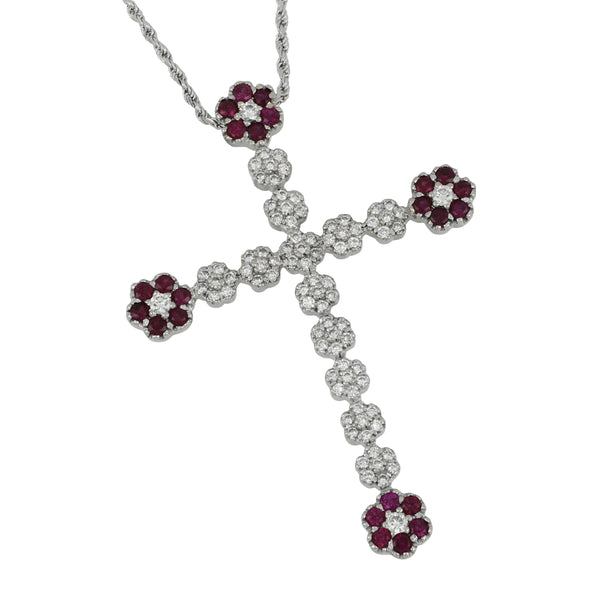 Estate 14 karat white gold Ruby and Diamond Cross Pendant 17", Ru=1.20tw D=1ctw