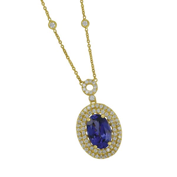 18 Karat Yellow Gold Tanzanite and Double Diamond Halo Pendant on Diamond by the Yard Necklace, Tanz=5.41ct, Dias=1.43tw HI/SI