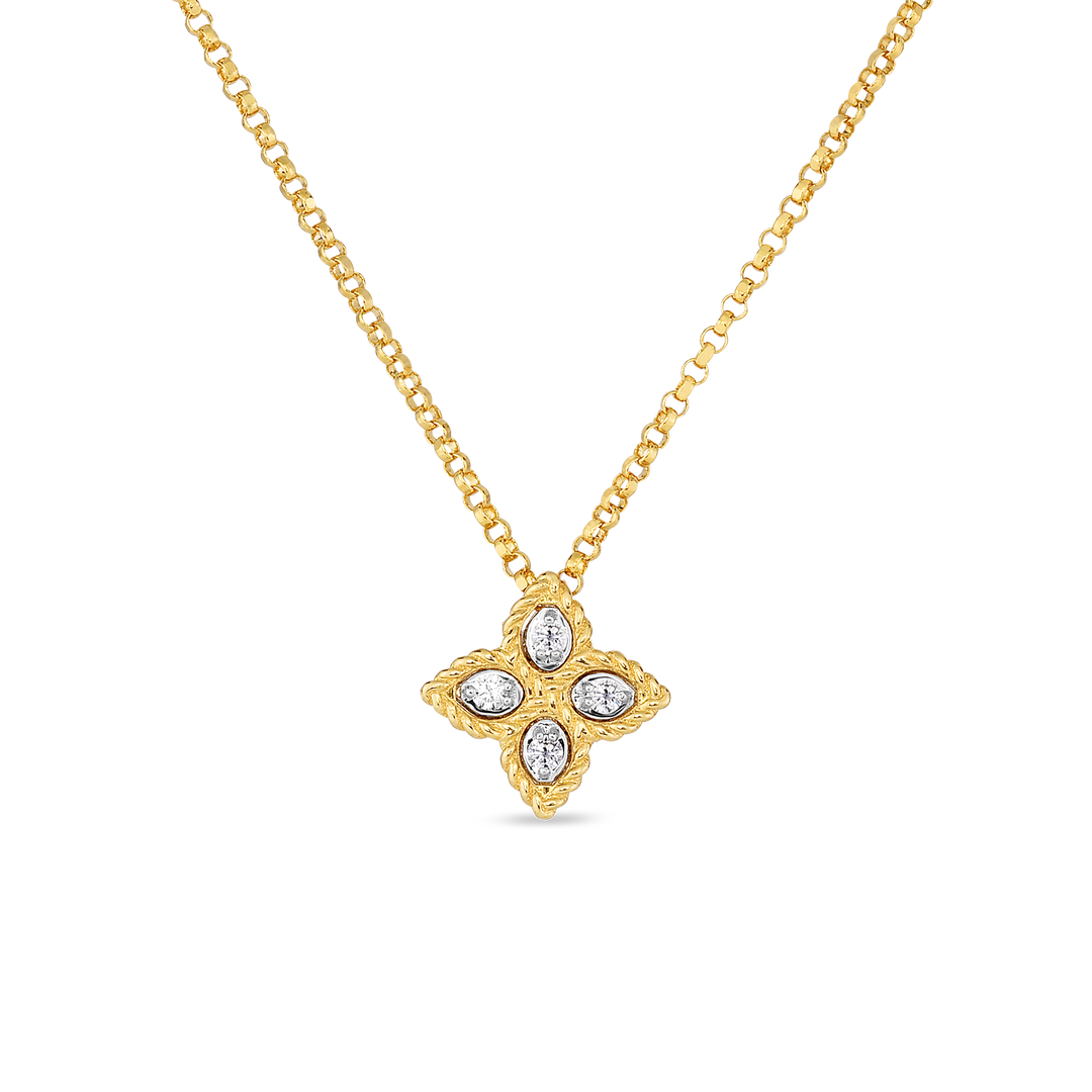 Roberto Coin 18k Yellow & White Gold Small Princess Flower Diamond Pendant 16-18" Adjustable Chain (D=.04)