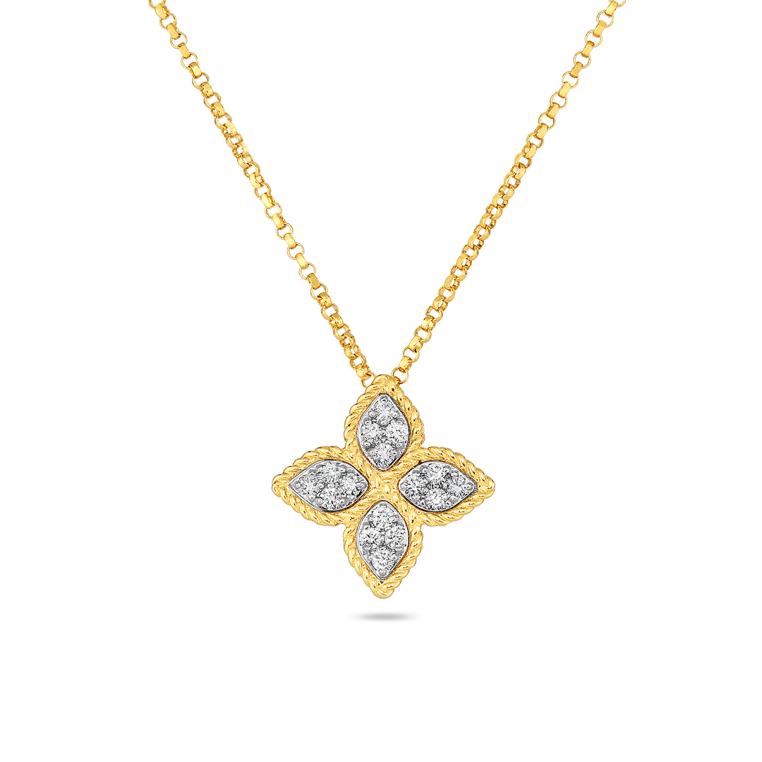 Roberto Coin 18k Yellow & White Gold Medium Princess Flower Diamond Pendant 16-18" Adjustable Chain (D=.17)
