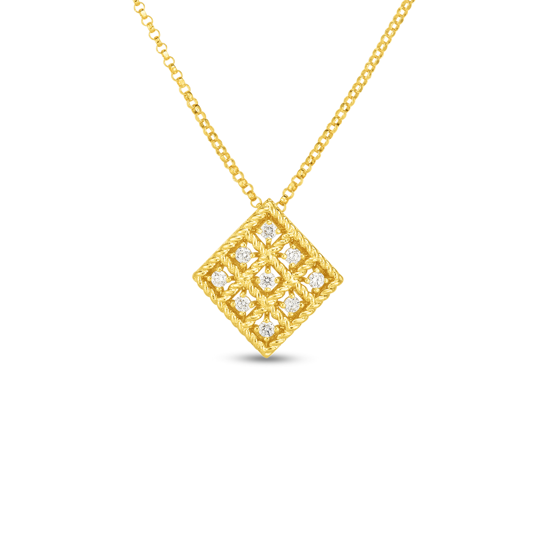 Roberto Coin 18 karat yellow gold 3x3 Diamond Byzantine Barocco Pendant 16-18