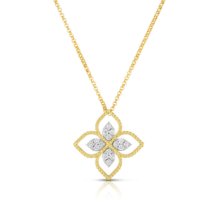 Roberto Coin 18 karat yellow and white gold large principessa princess flower diamond 0.16ctw pendant on 16-18