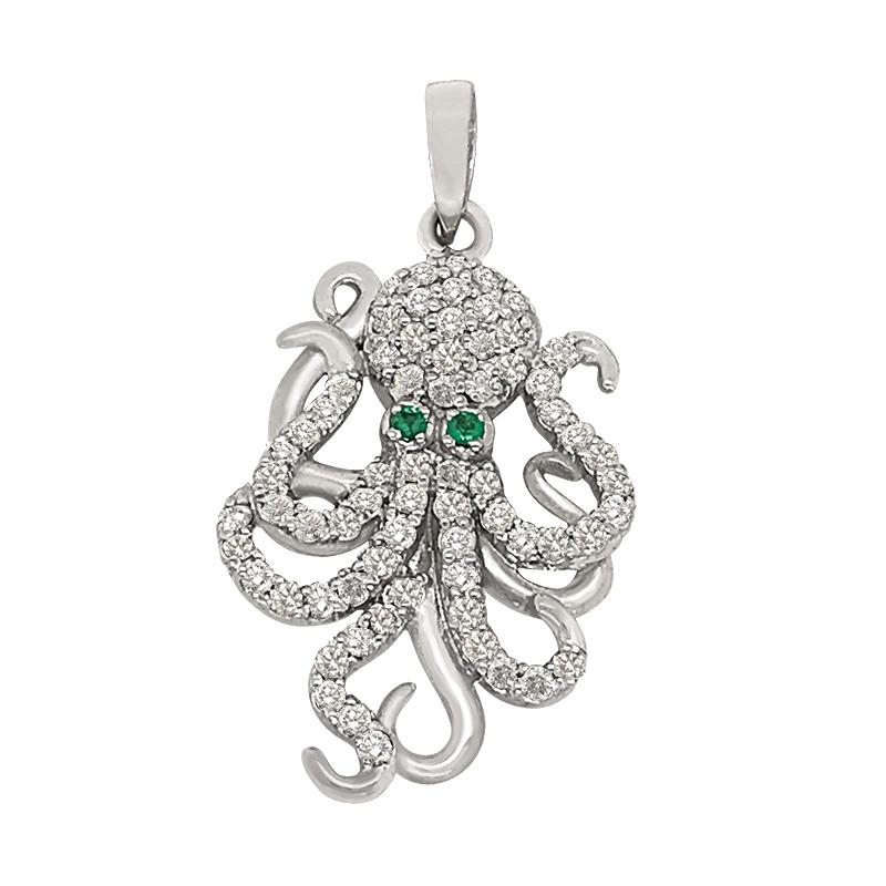 14k White Gold "Sea Jewels" Pavé Diamond Octopus Pendant with Emerald Eyes, D=.38tw