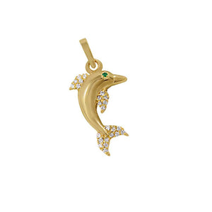 14k Yellow Gold "Sea Jewels" Dolphin with Pave Fins and Tail and Emerald Eye Pendant, D=.16tw
