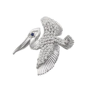 14k White Gold "Sea Jewels" Small Full Body Pave Diam Flying Pelican with Emerald Eye Pendant, 66D=.42tw