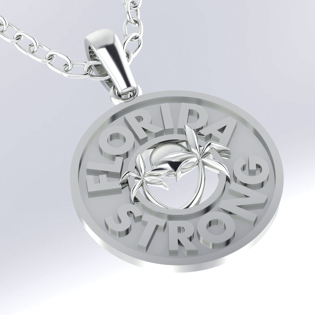 14K White Gold Florida Strong pendant with 1.1mm D/C Cable chain 16/18” Adjustable