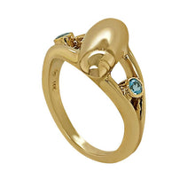 Load image into Gallery viewer, 03 March &quot;Birthshell&quot; 14K Yellow Gold Ring:  The Olive Shell with Aquamarines
