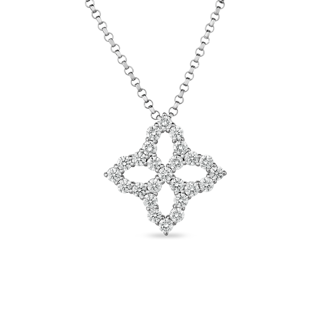 Roberto Coin 18k White Gold Medium Outline Princess Flower Diamond Pendant 16-18" Adjustable Chain (D=.50)