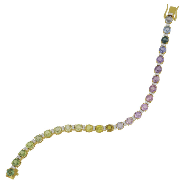 18k Yellow Gold Multi Color No-Heat Sapphire and Diamond Bracelet 7", AGL Certified SA=16.20tw D=0.60tw EF/VS