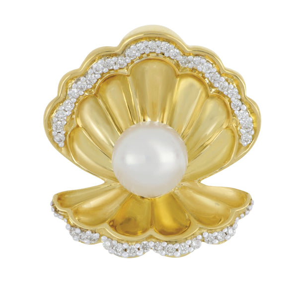 14k Yellow Gold Diamond Open Scallop with Freshwater Pearl 6-6.5mm Pendant, D=0.16tw