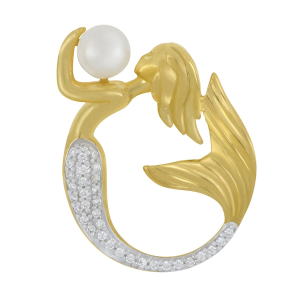 14 karat Yellow Gold Circle Diamond Mermaid with Freshwater Pearl 5-5.5mm Pendant, D=0.10tw